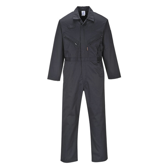 Portwest cotton coverall in black with reflective tape on arms and legs