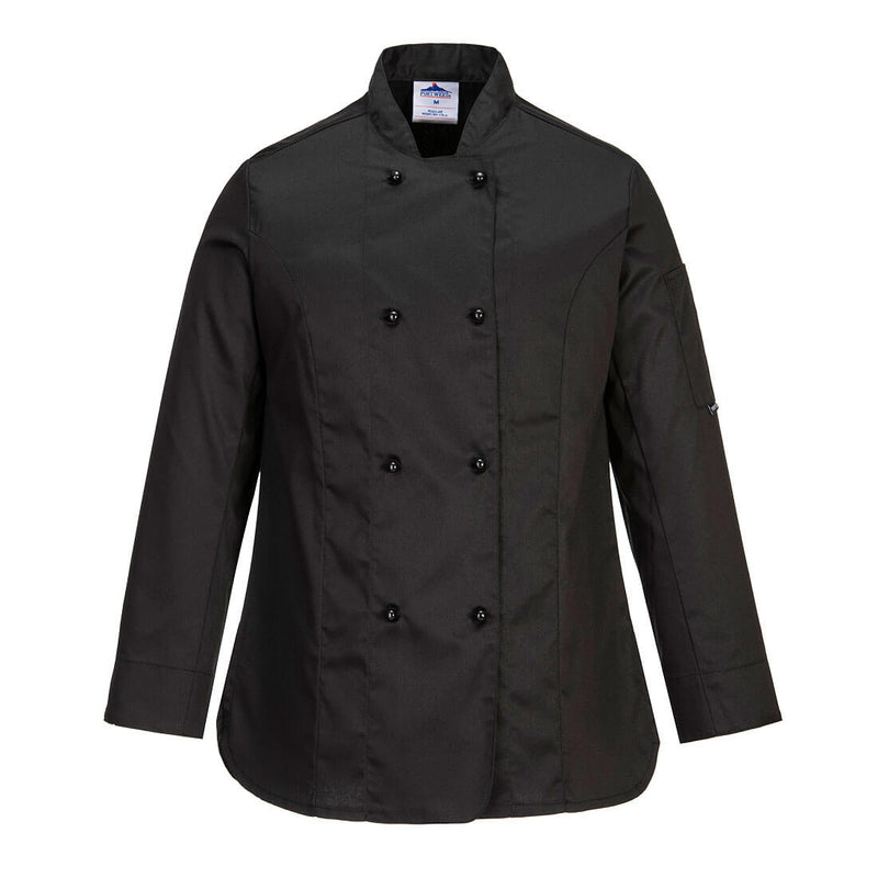 Portwest Rachel women's chef's jacket (long sleeve) C837 in black.