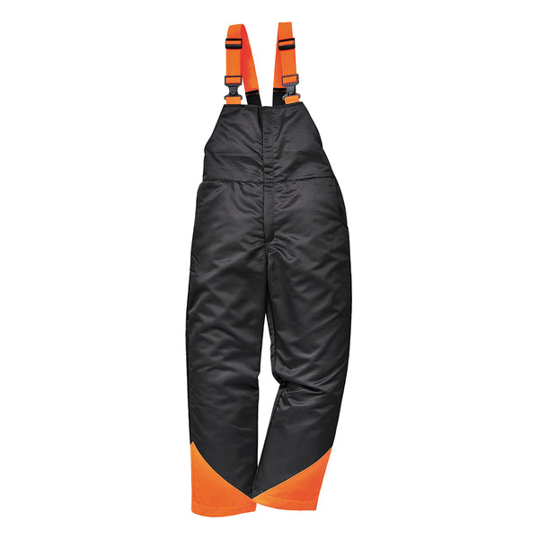 Portwest Oak Chainsaw Bib and Brace (CH12) in black, offering robust protection for chainsaw operators.