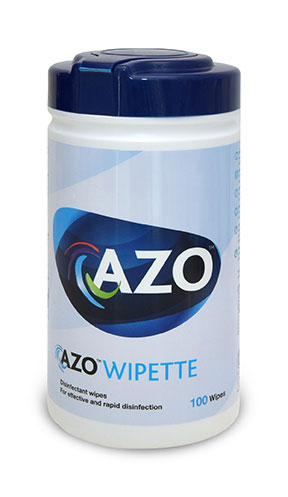 Tub of 200 Azo disinfectant surface wipes for medical and clinical use.