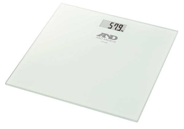 Digital glass weighing scale by A&D Medical with LCD display showing weight in kilograms 