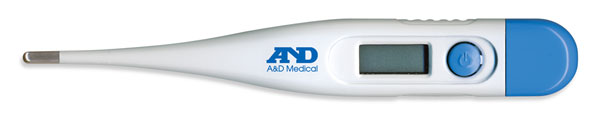 Digital medical thermometer with LCD screen and power button for fast and accurate temperature reading.