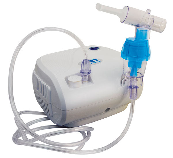 Compact nebulizer machine with tubing and mouthpiece for respiratory therapy and asthma treatment.
