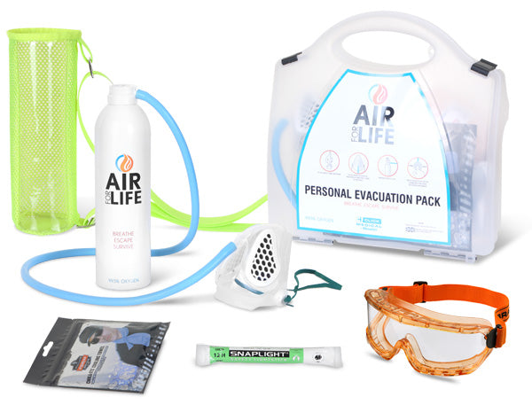 Emergency evacuation kit with oxygen can, safety mask, goggles, glow stick, and storage case