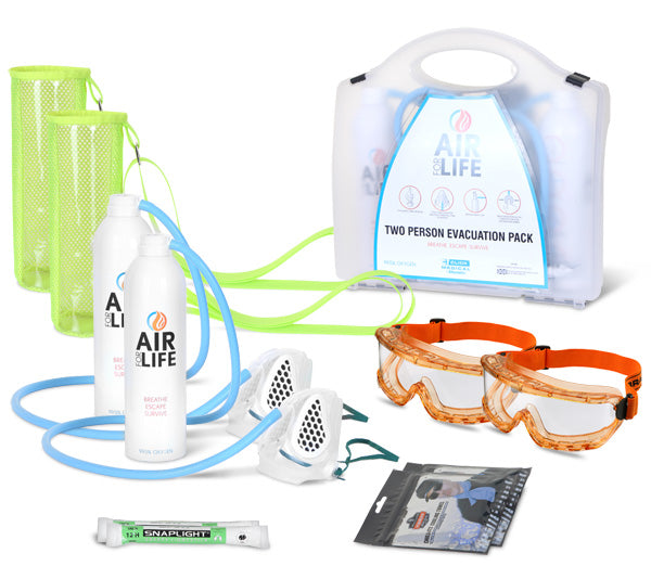emergency oxygen evacuation kit with masks, goggles, glow stick, and carry case