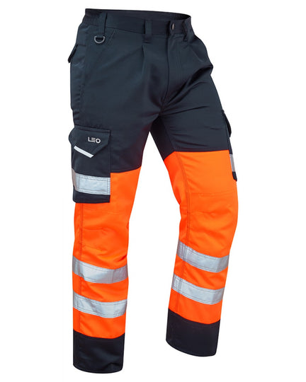Bideford poly-cotton cargo trouser in hi-vis orange and navy for safety.