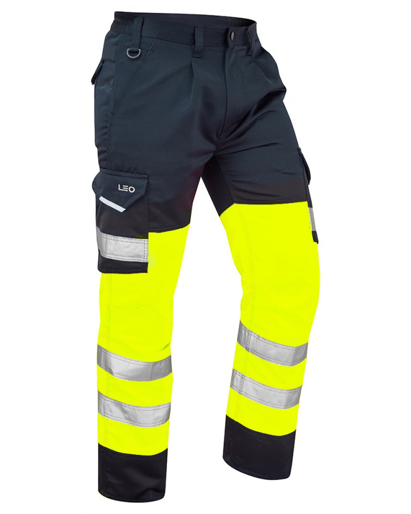Bideford hi-vis yellow and navy cargo work trousers with reflective stripes.