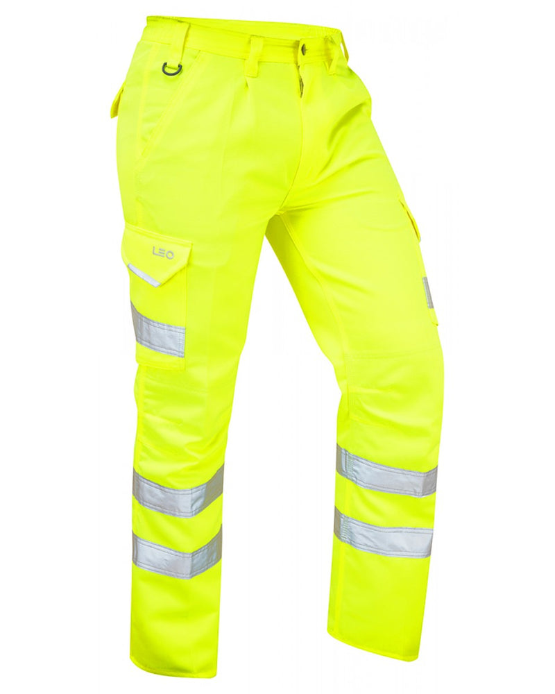 Leo Workwear Bideford hi-vis yellow cargo trouser for workplace safety.