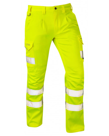 Leo Workwear Kingford yellow high-visibility trousers designed for safety on job sites