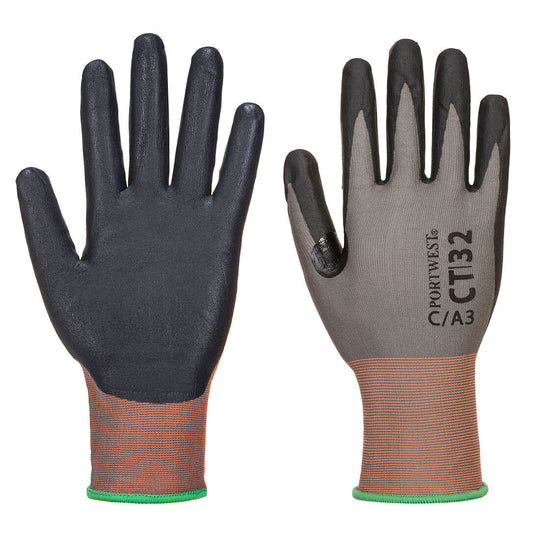 A pair of grey and black Portwest CT Cut C18 Nitrile gloves.