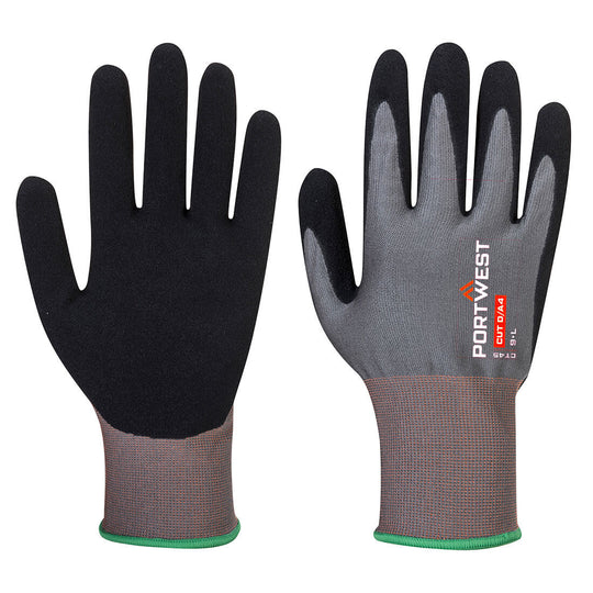 A pair of grey and black Portwest CT Cut D18 Nitrile gloves.