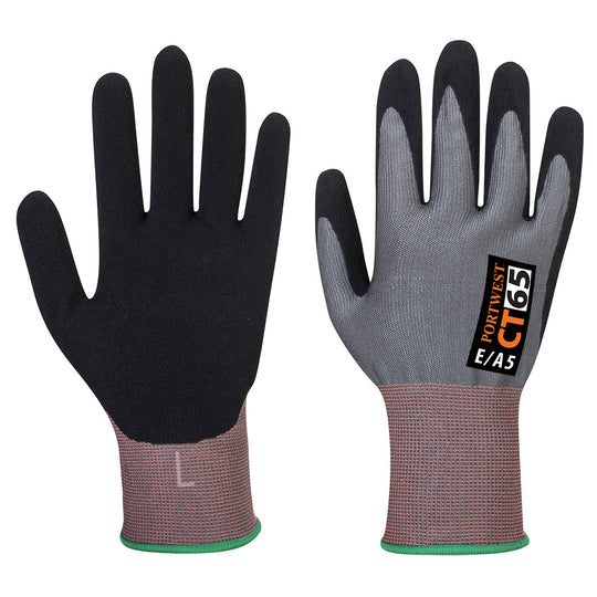 A pair of grey and black Portwest CT Cut E15 Nitrile gloves.