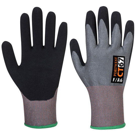 A pair of grey and black Portwest CT Cut F13 Nitrile gloves.