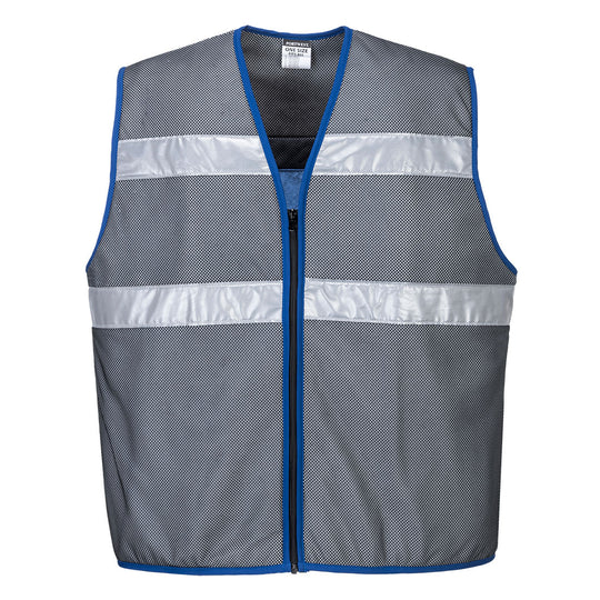 Grey reflective mesh safety vest with blue trim