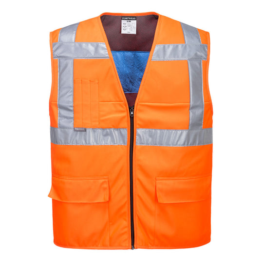 Orange safety vest with front pockets and reflective tape