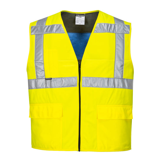Yellow safety vest with dual front pockets and reflective tape