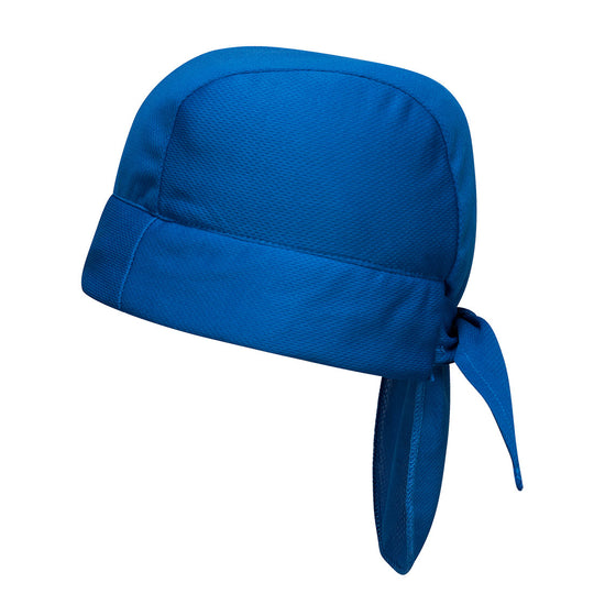 Blue moisture-wicking head bandana with back tie