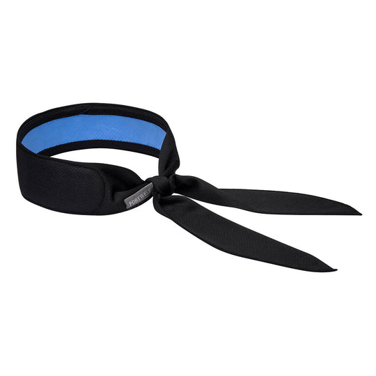 Black headband with blue moisture-wicking lining
