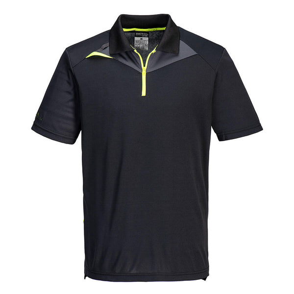 Front view of the black Portwest DX4 Polo Shirt with grey contrast details.