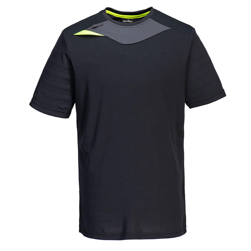 Front view of the black Portwest DX4 T-Shirt with grey side panels.