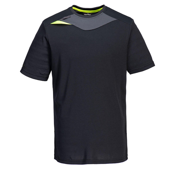 Front view of the black Portwest DX4 T-Shirt with grey side panels.