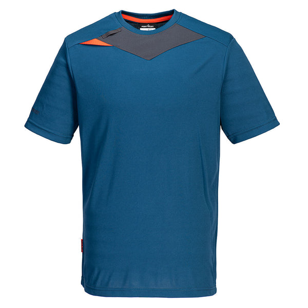 Front view of the Portwest DX4 T-Shirt in metro blue with grey panels.