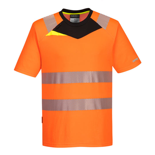 Front view of the Portwest DX4 Hi-Vis T-Shirt in orange and black on a mannequin.
