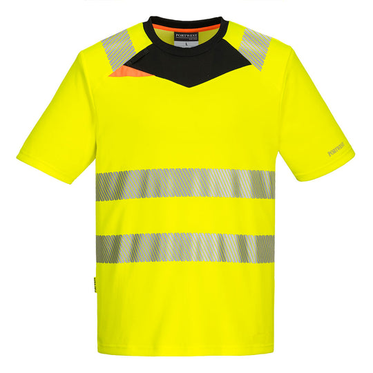 Front view of the Portwest DX4 Hi-Vis T-Shirt in yellow and black on a mannequin.