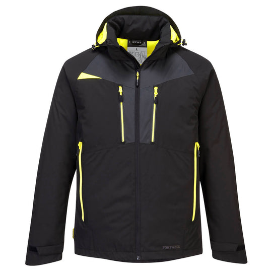 Front view of the black Portwest DX4 winter jacket with yellow zipper accents.