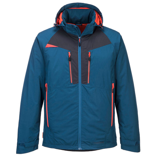 Front view of the blue Portwest DX4 winter jacket with orange zipper accents.