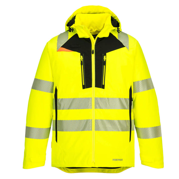 Front view of the Portwest DX4 Hi-Vis Winter Jacket DX461 in yellow and black.