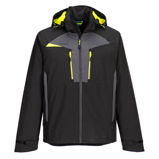 Front view of the Portwest DX4 Shell Jacket DX463 in black, worn by a model.
