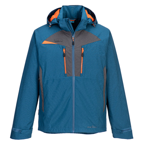 Front view of the Portwest DX4 Shell Jacket DX463 in metro blue, worn by a model.