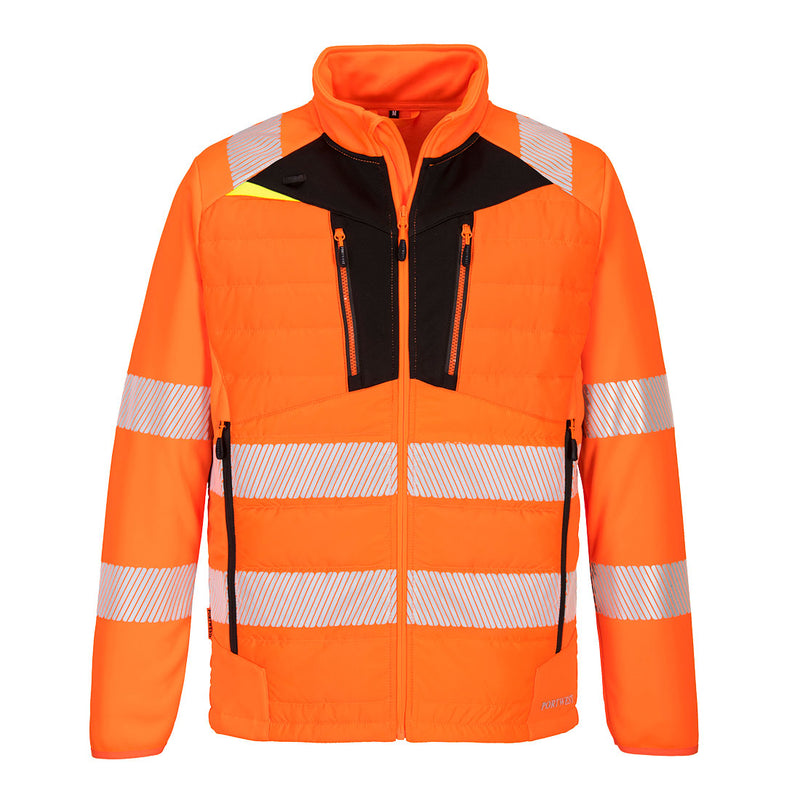 High-visibility orange Portwest DX4 Hybrid Baffle Jacket combining warmth with safety.