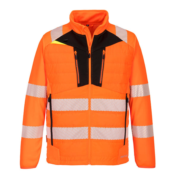 High-visibility orange Portwest DX4 Hybrid Baffle Jacket combining warmth with safety.