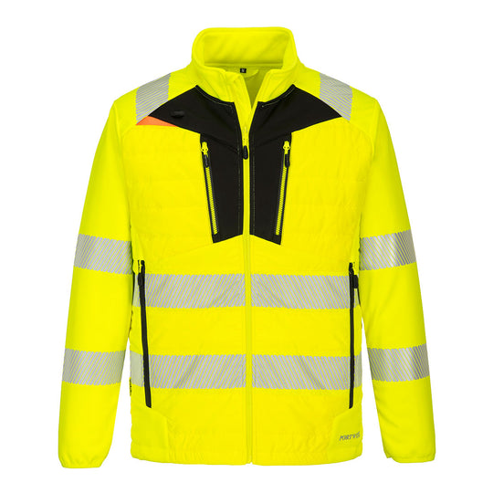 High-visibility yellow Portwest DX4 Hybrid Baffle Jacket essential for safety and warmth.