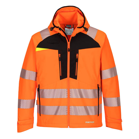 Orange high-visibility Portwest DX4 Softshell 3L jacket ensuring safety and comfort.