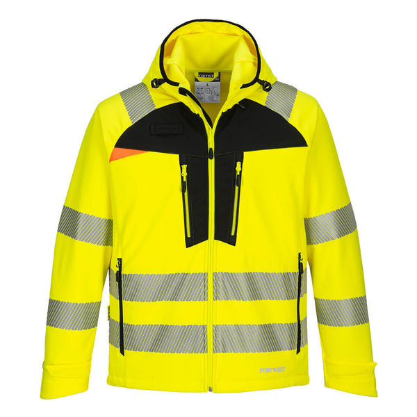 Yellow high-visibility Portwest DX4 Softshell 3L jacket ideal for outdoor work conditions.