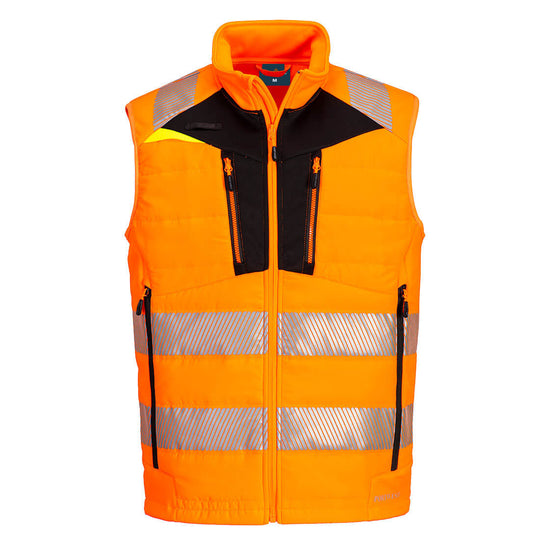 Orange high-visibility Portwest DX4 Softshell Bodywarmer for warmth and safety.