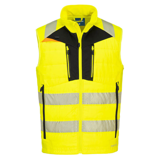 Yellow high-visibility Portwest DX4 Softshell Bodywarmer providing comfort and visibility.