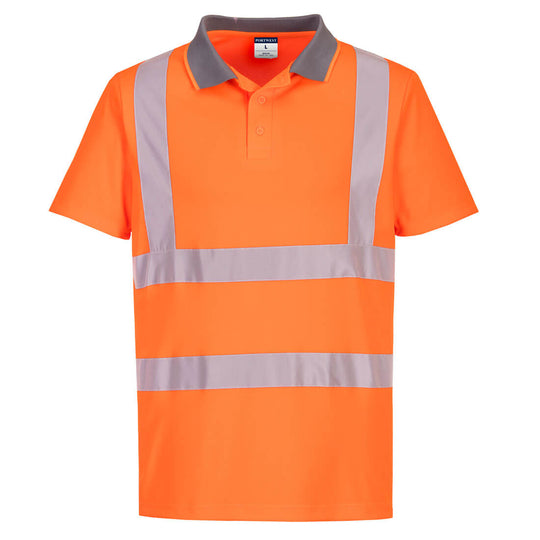 Eco-friendly orange high-visibility short-sleeve polo shirt sold in a 6-pack.