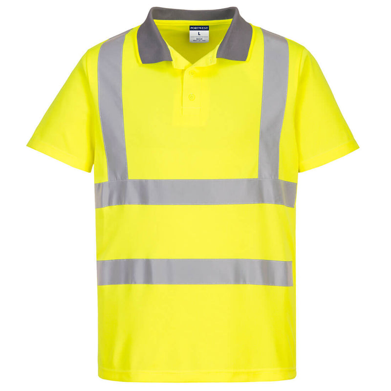 Eco-friendly yellow high-visibility short-sleeve polo shirt available in a convenient 6-pack.