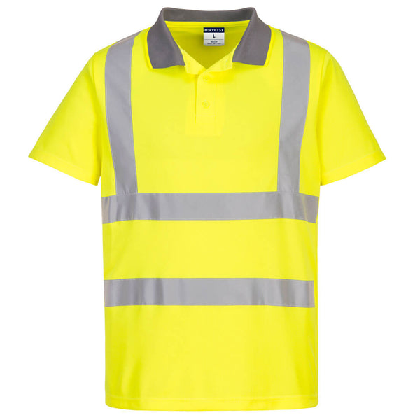 Eco-friendly yellow high-visibility short-sleeve polo shirt available in a convenient 6-pack.