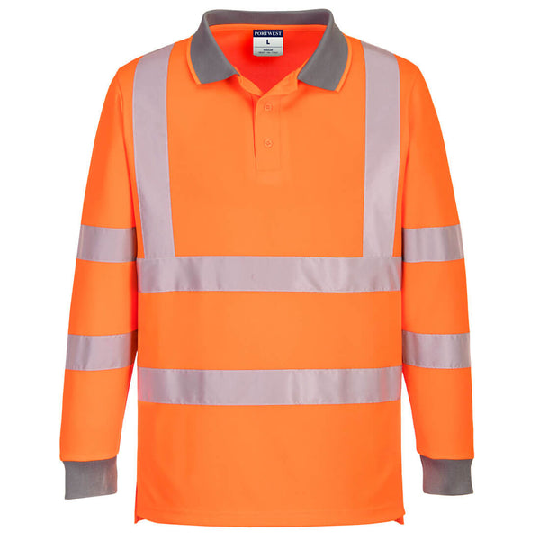 Eco-friendly orange high-visibility long-sleeve polo shirt packaged as a 6-pack.