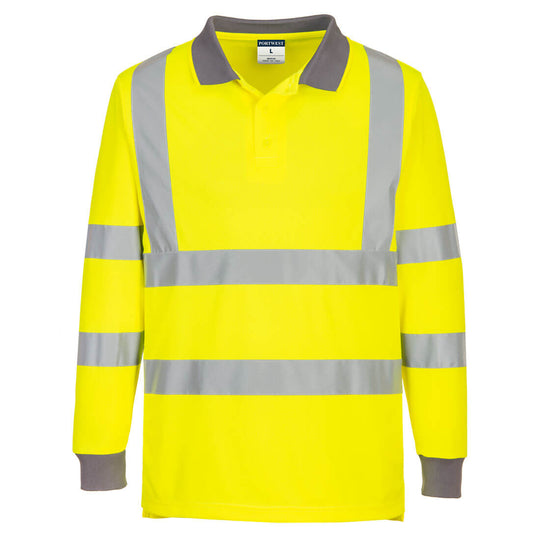 Eco-friendly yellow high-visibility long-sleeve polo shirt sold in a value 6-pack.
