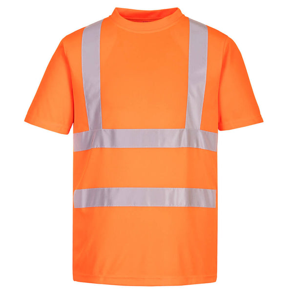 Eco-friendly orange high-visibility short-sleeve t-shirt conveniently offered in a 6-pack.