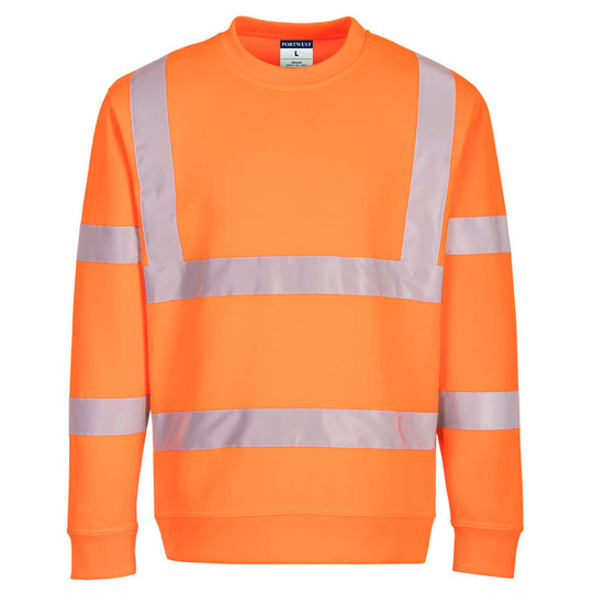 Eco-friendly orange high-visibility sweatshirt a sustainable choice for warmth and safety.