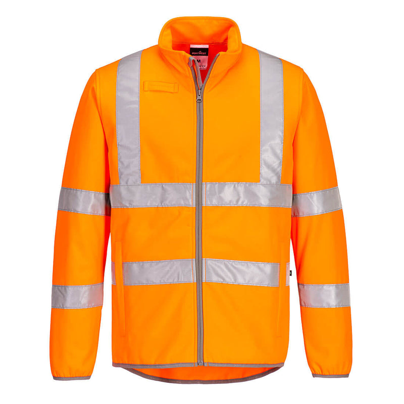 Eco-friendly orange high-visibility softshell 2L jacket providing sustainable safety.