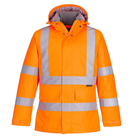 Eco-friendly orange high-visibility winter jacket providing warmth and safety in cold conditions.