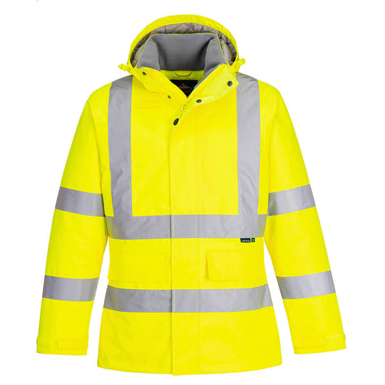 Eco-friendly yellow high-visibility winter jacket a sustainable and protective outerwear solution.